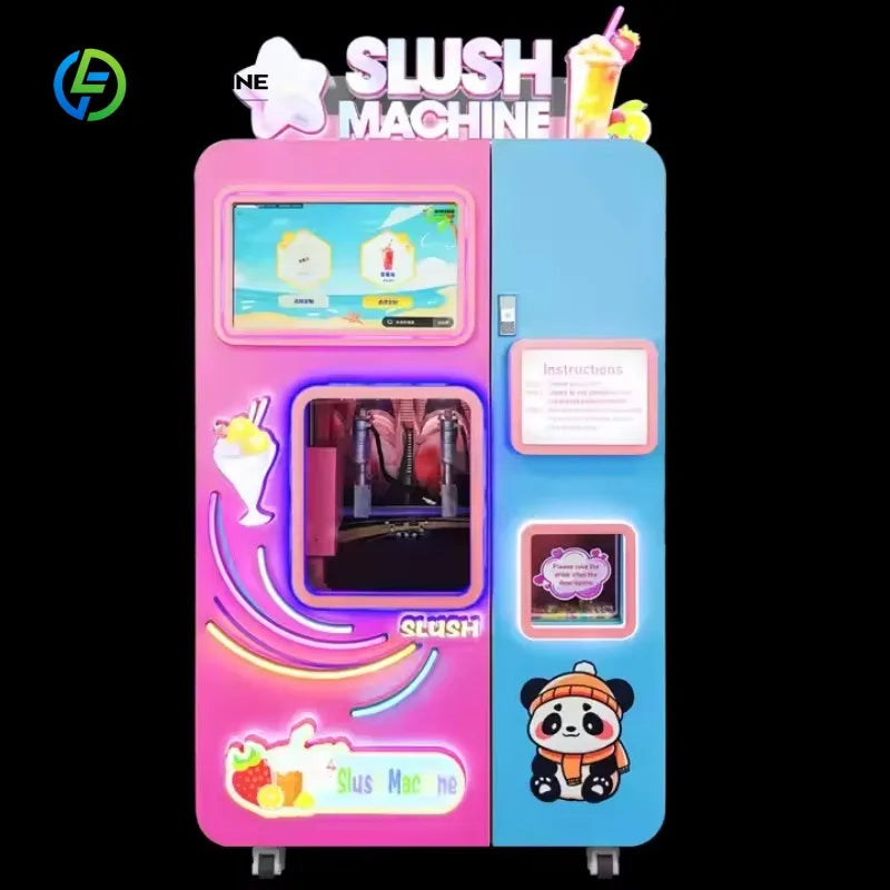 Pink and blue commercial slush vending machine with touchscreen, cup dispenser window, and cute panda graphics.