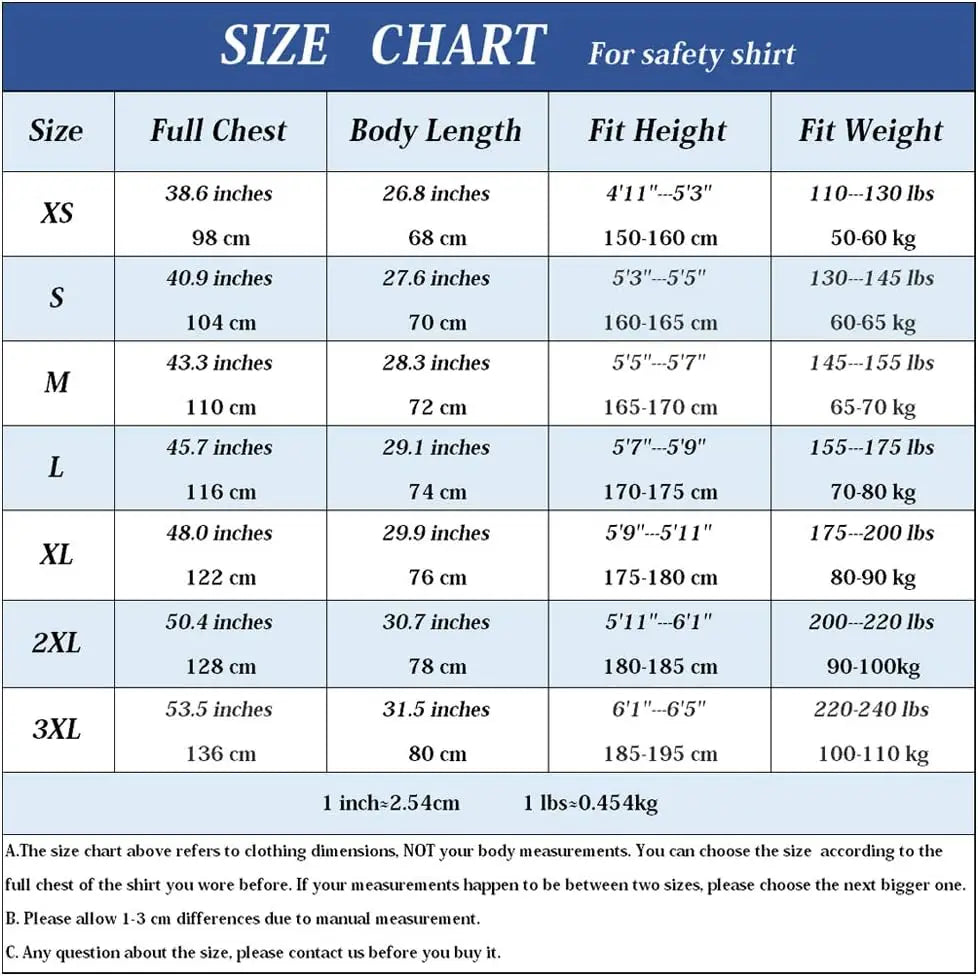 Size chart table for safety shirt listing measurements for sizes XS to 3XL in inches and centimeters.