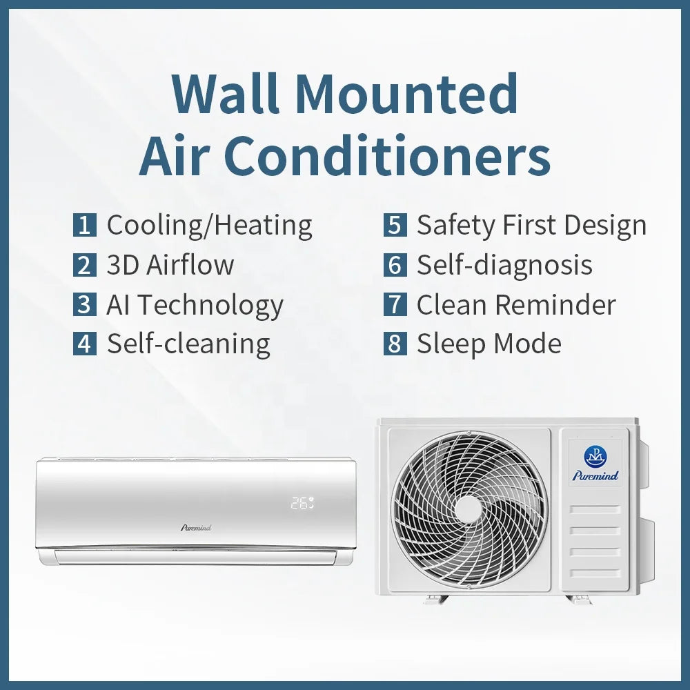 Glossy white wall-mounted air conditioner unit and outdoor condenser, highlighting cooling, heating, and smart features.
