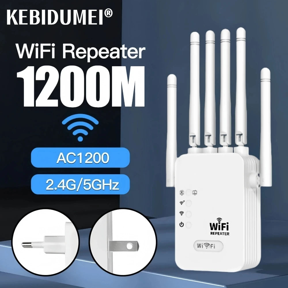 White dual-band 1200Mbps WiFi repeater with five external antennas and a UK plug adapter.