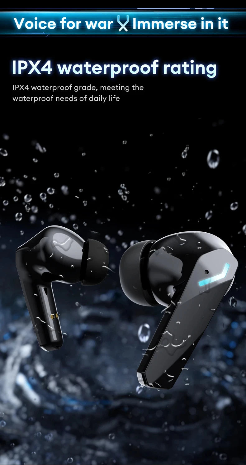 Glossy black wireless earbuds with a sleek angular design and blue LED light accents, shown splashing in water.