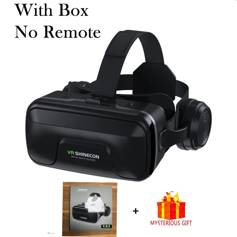 Black VR headset with adjustable head straps and built-in headphones, shown with its retail box and a gift box.