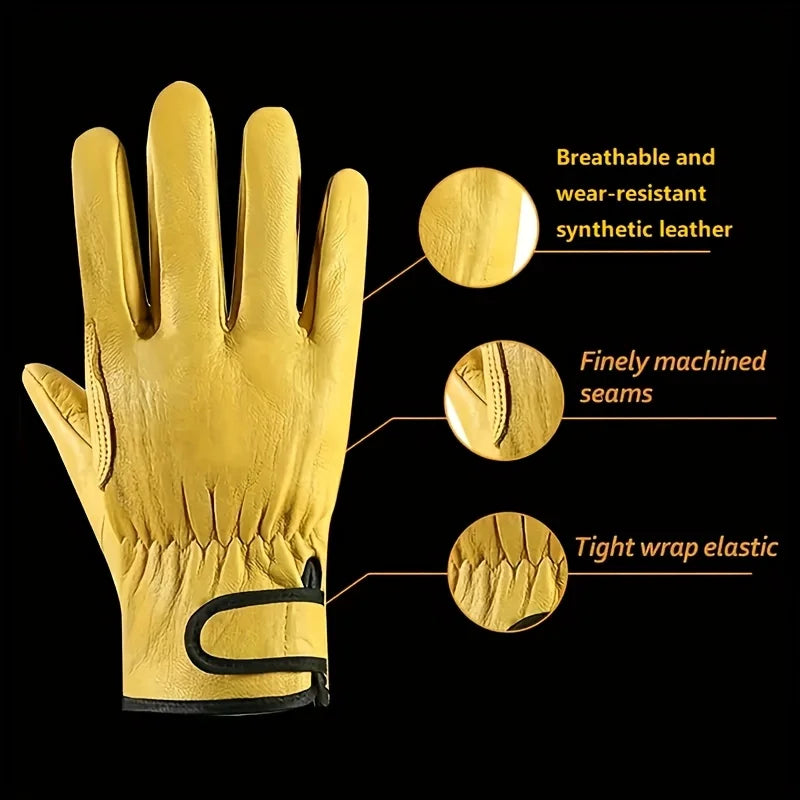 Yellow PU leather work gloves featuring breathable material, reinforced seams, and an elasticated wrist with a strap.