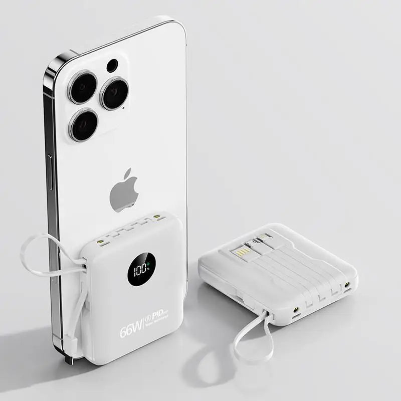 Compact white 50,000mAh power bank with digital display, integrated charging cables, and a convenient carry loop.