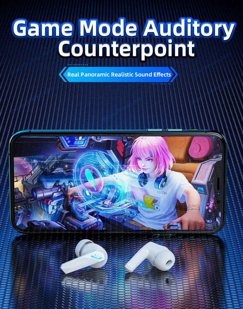 White wireless earbuds on a reflective surface below a smartphone showing an anime-style gaming interface.