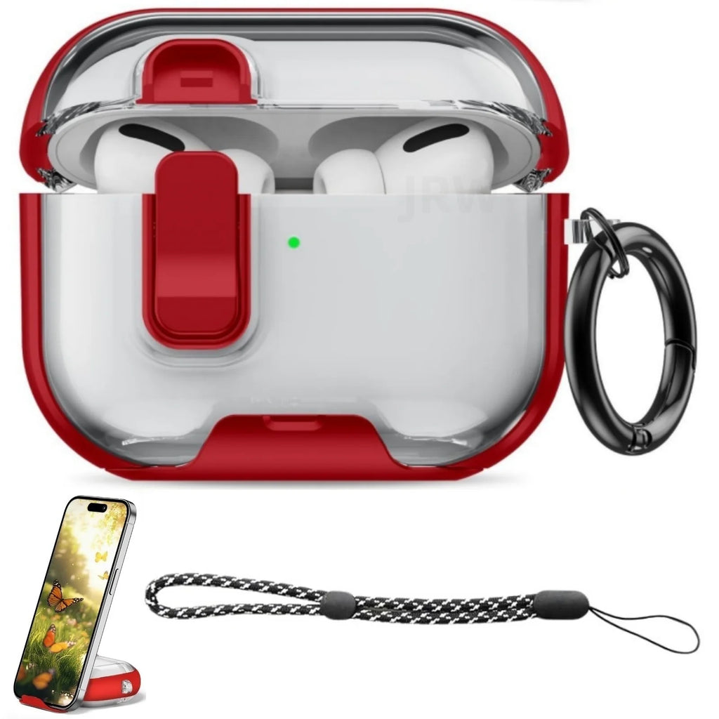Red and clear protective case for AirPods Pro with a secure locking clasp and black carabiner attachment.