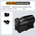 Black automatic fish tank feeder with clear storage and mounting accessories shown against a white background.