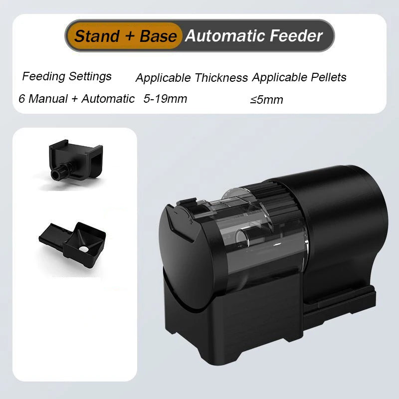 Black automatic fish tank feeder with clear storage and mounting accessories shown against a white background.