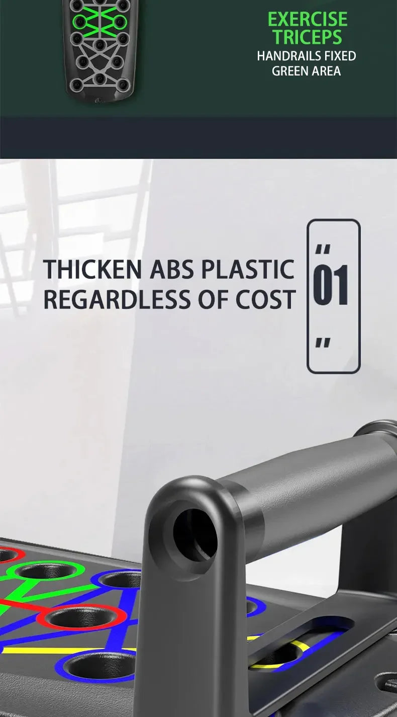 Black foldable push-up board with colourful guide lines for different muscle groups and sturdy, thick plastic handles.
