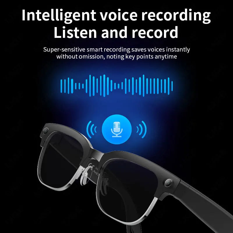 Sleek black smart glasses with integrated camera lens and microphone icon, featuring a digital sound wave graphic.