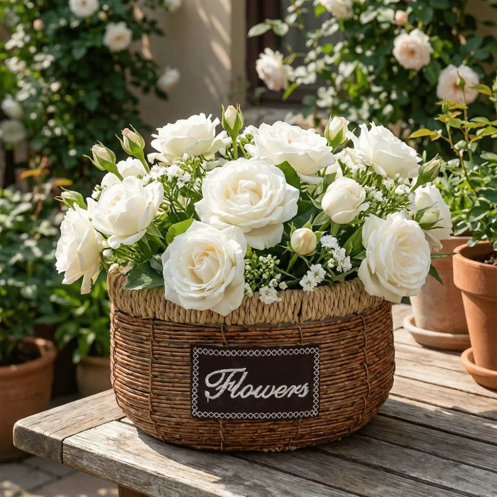 White roses in a round, rustic brown woven basket with a "Flowers" sign, set on a wooden table in a garden.