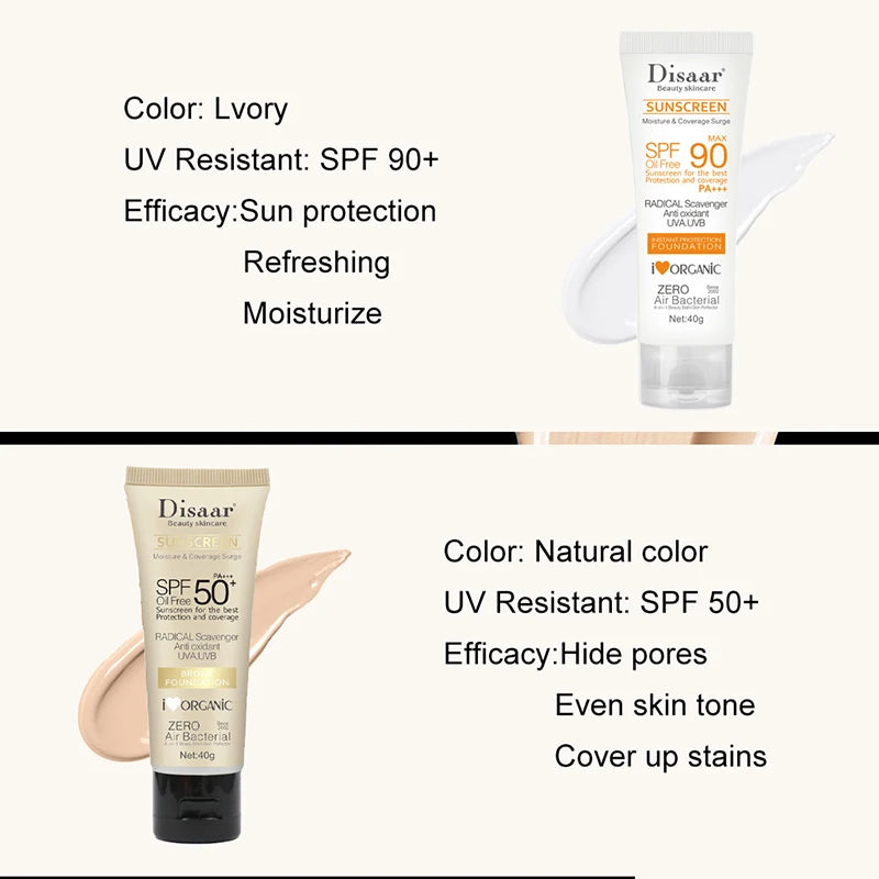 Two tubes of facial sunscreen foundation in Ivory (SPF 90+) and Natural (SPF 50+) to moisturise and even skin tone.