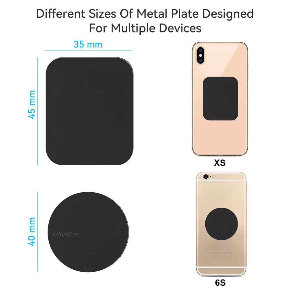 Rectangular and circular black metal plates for mobile devices shown with dimensions and phone application examples.