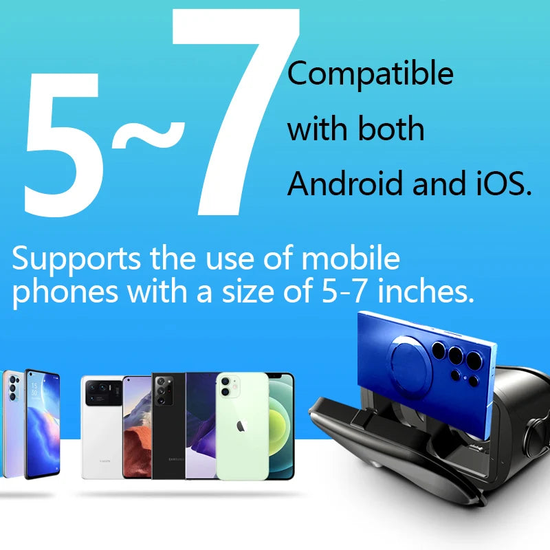 Black VR headset with an open smartphone slot holding a blue phone, alongside various Android and iOS phones.