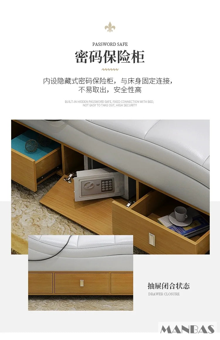 Modern white upholstered bed frame with light wood storage drawers and a built-in security safe.