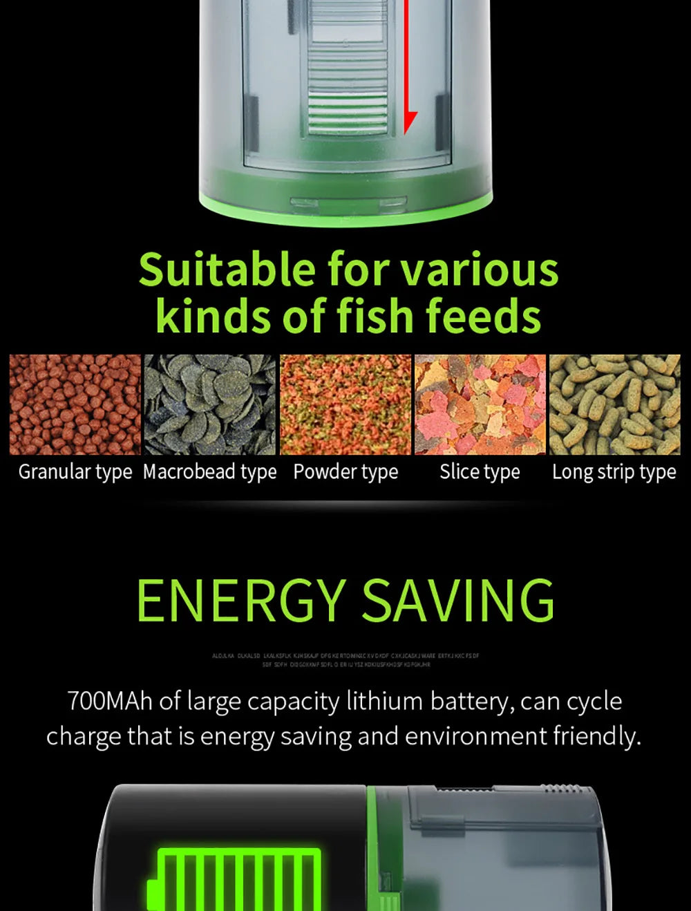 Automatic fish feeder with green accents, showing compatibility with various food types and rechargeable battery.
