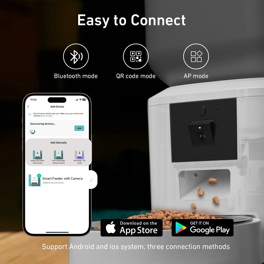 A white smart pet feeder with an integrated camera, shown next to a smartphone app interface demonstrating setup modes.