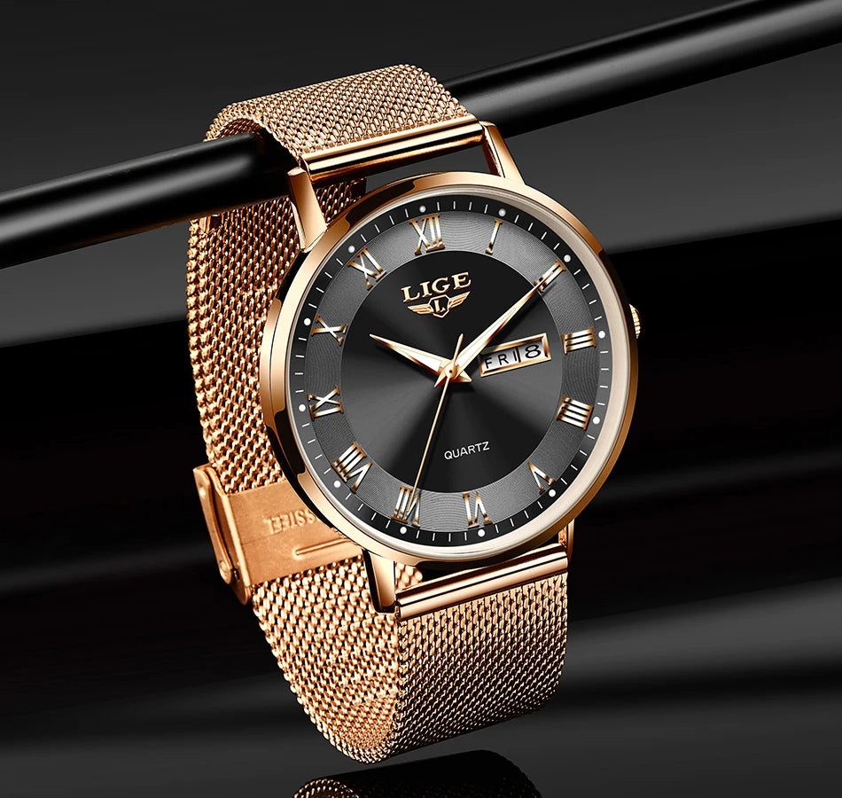 Elegant women's watch with a rose gold mesh strap, black sunray dial, gold Roman numerals, and a day-date display.