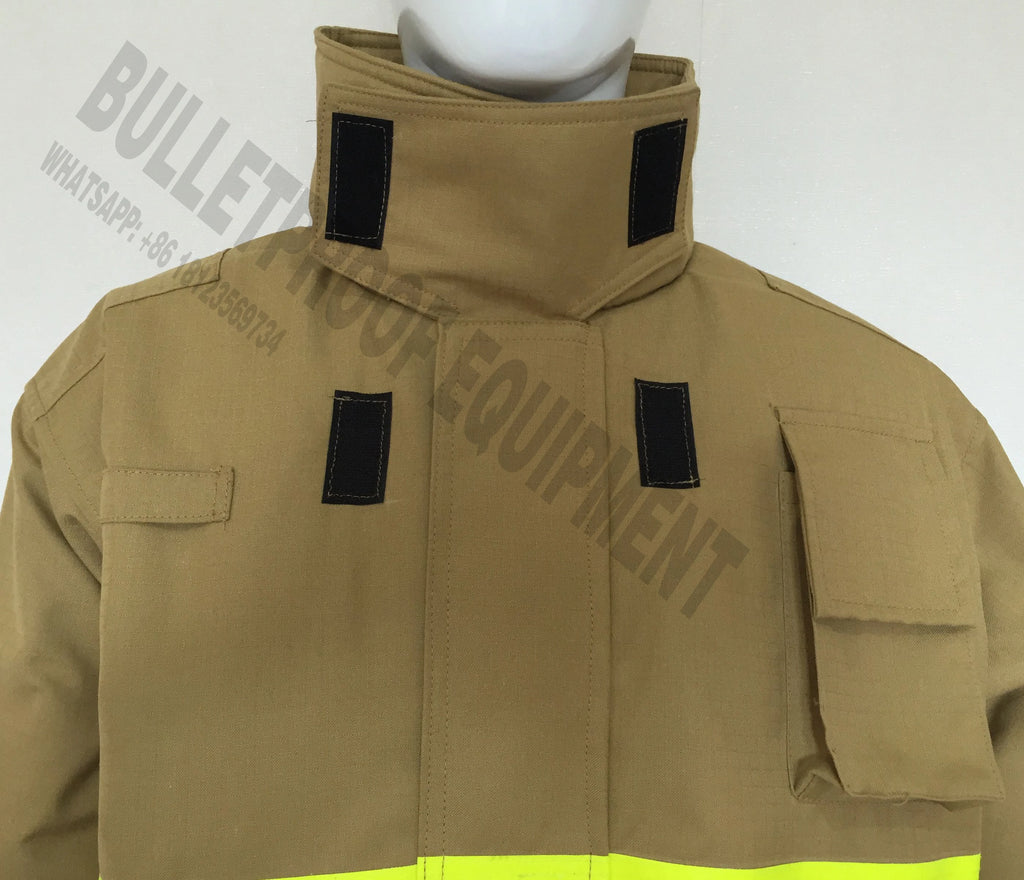 Tan fire-resistant fabric jacket with a high collar, black velcro closures, and a chest utility pocket.