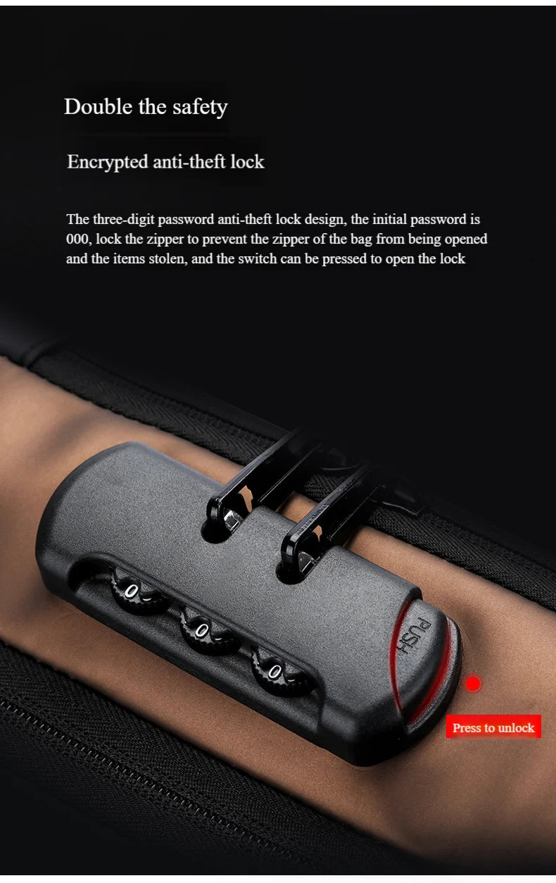 Black three-digit combination lock on a brown crossbody bag, featuring a push-button release for security.