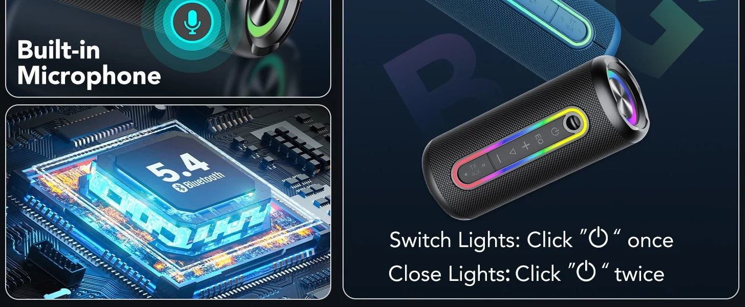 Portable black cylindrical Bluetooth speaker with colourful LED light strips, built-in microphone and control buttons.