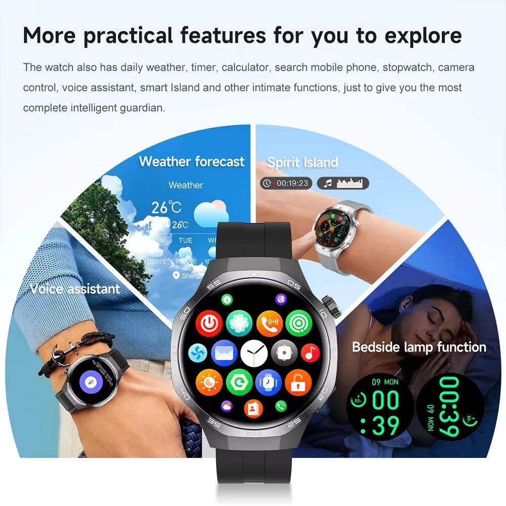 Smartwatch with a silver round case, black silicone strap, and vivid HD display showing various app icons and features.
