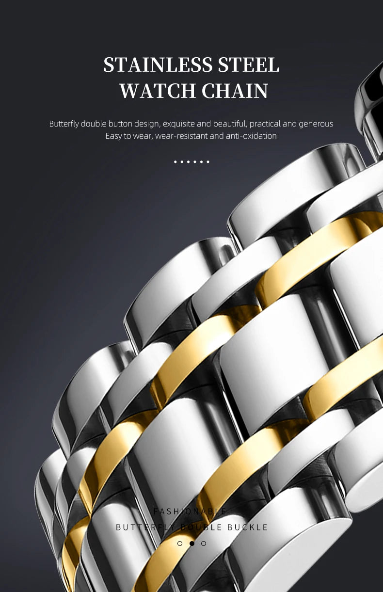 Close-up of a two-tone silver and gold stainless steel watch bracelet with a classic link design.