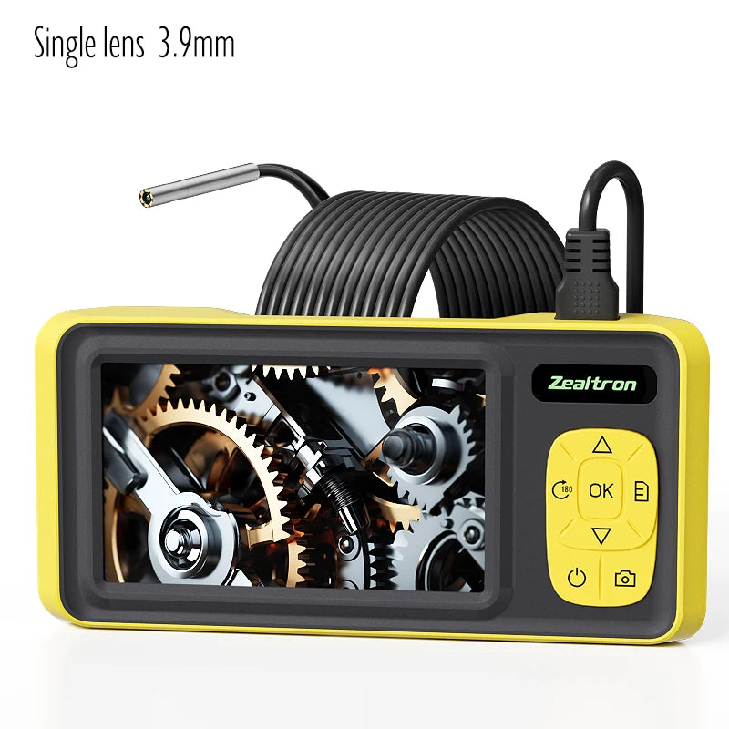 Yellow and grey 4.3-inch inspection camera with a 3.9mm single-lens probe and coiled cable.