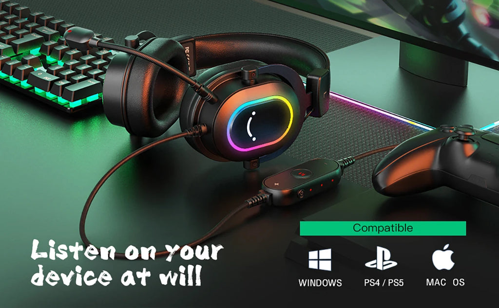 Black gaming headset with vibrant RGB lighting, adjustable microphone, and inline controls on a desk setup.