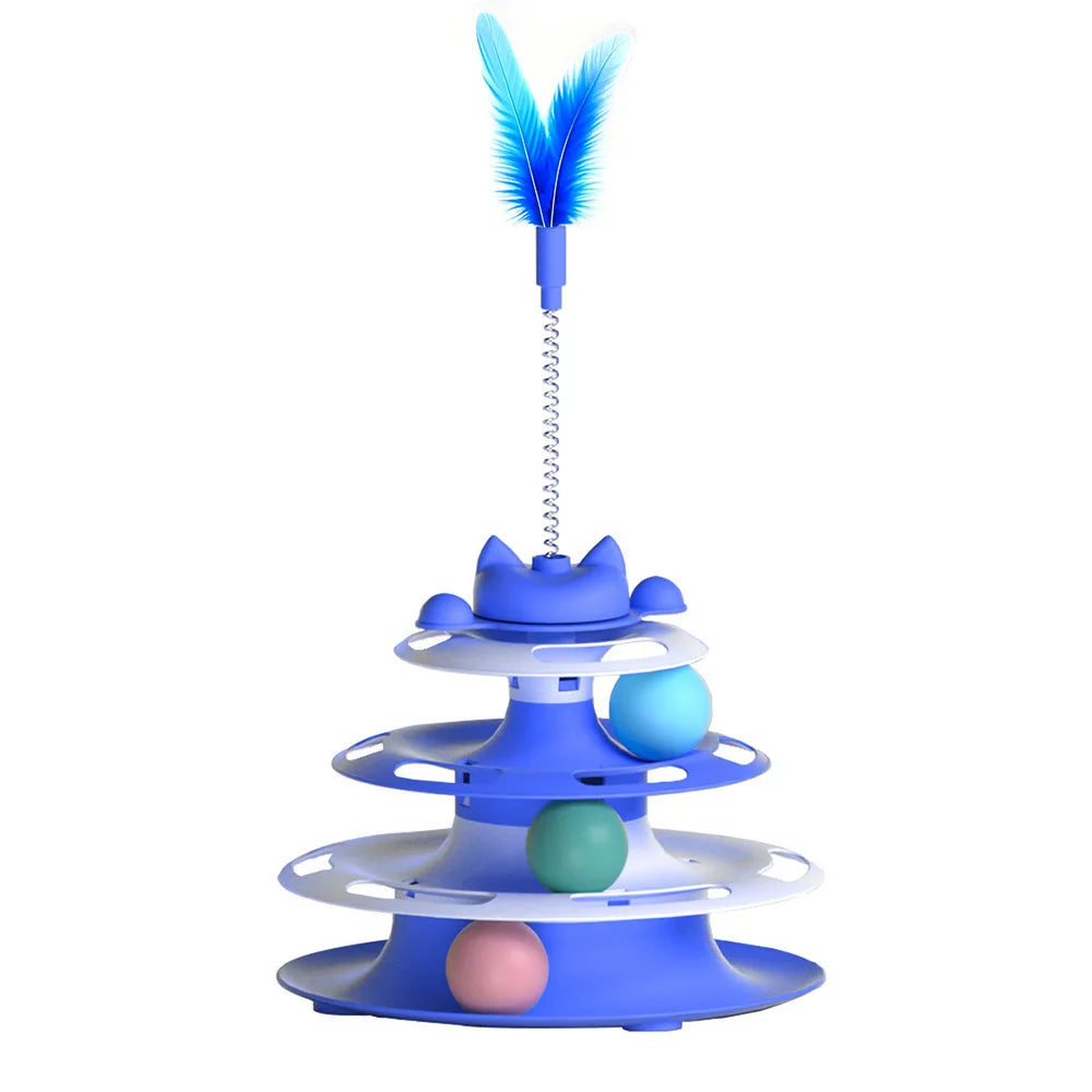 Blue cat turntable toy with three levels, rolling balls, and a spring-mounted blue feather teaser wand.