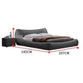 Contemporary dark grey upholstered bed frame with a curved headboard and matching bedside table, shown with dimensions.