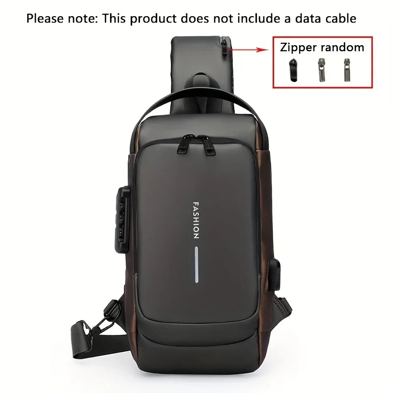 Dark grey, waterproof men’s crossbody sling bag with an anti-theft lock, USB charging port, and adjustable strap.