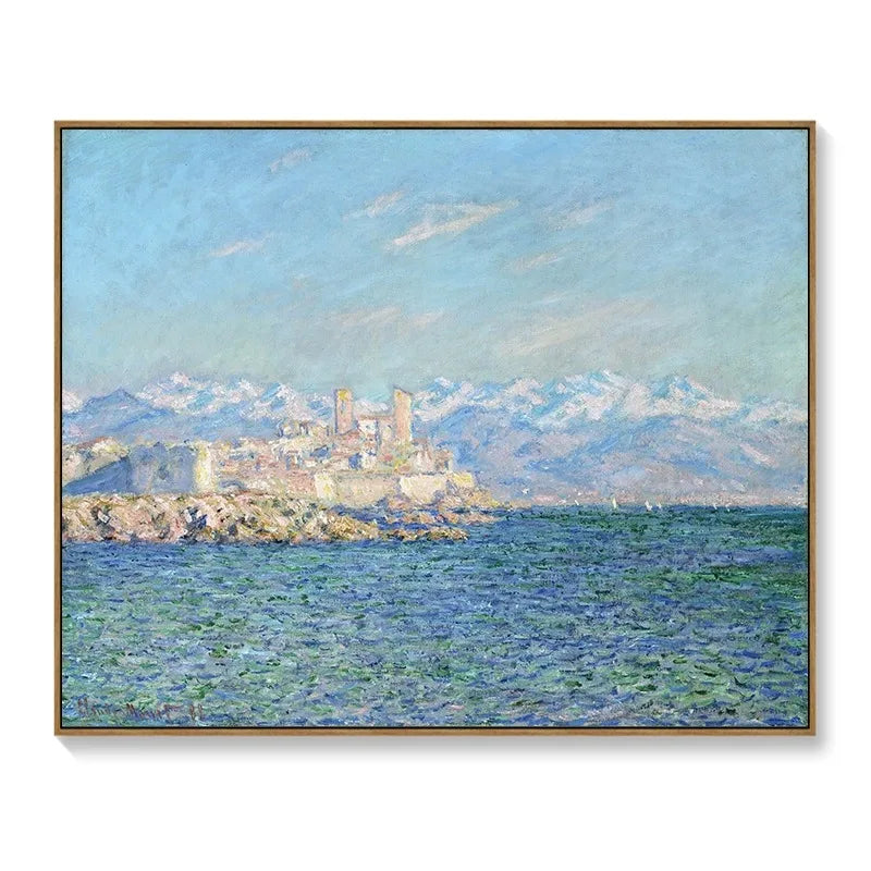 Decorative meter box cover featuring an Impressionist coastal landscape in blue, gold and white with a thin wood frame.