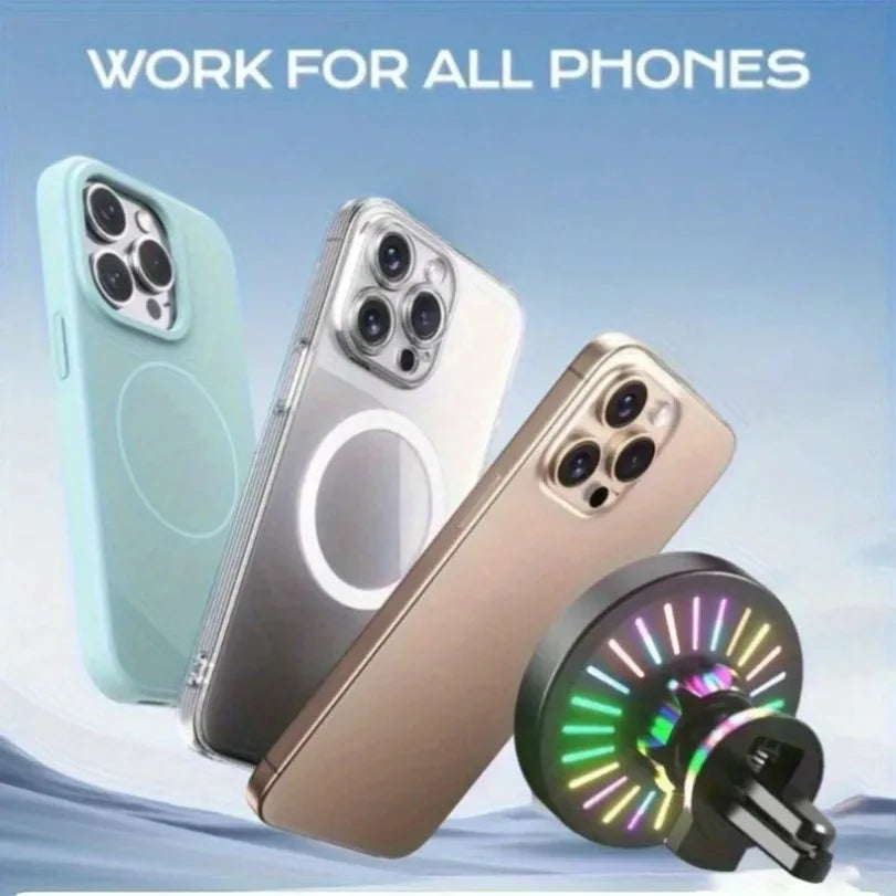 Three smartphones in mint, clear, and gold cases with magnetic charging rings, next to an RGB light car phone mount.