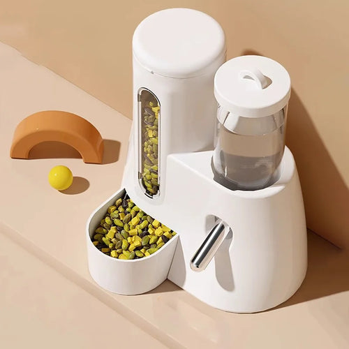 Modern white pet feeder with a food hopper, water bottle, and bowl, featuring a sleek, minimalist design.