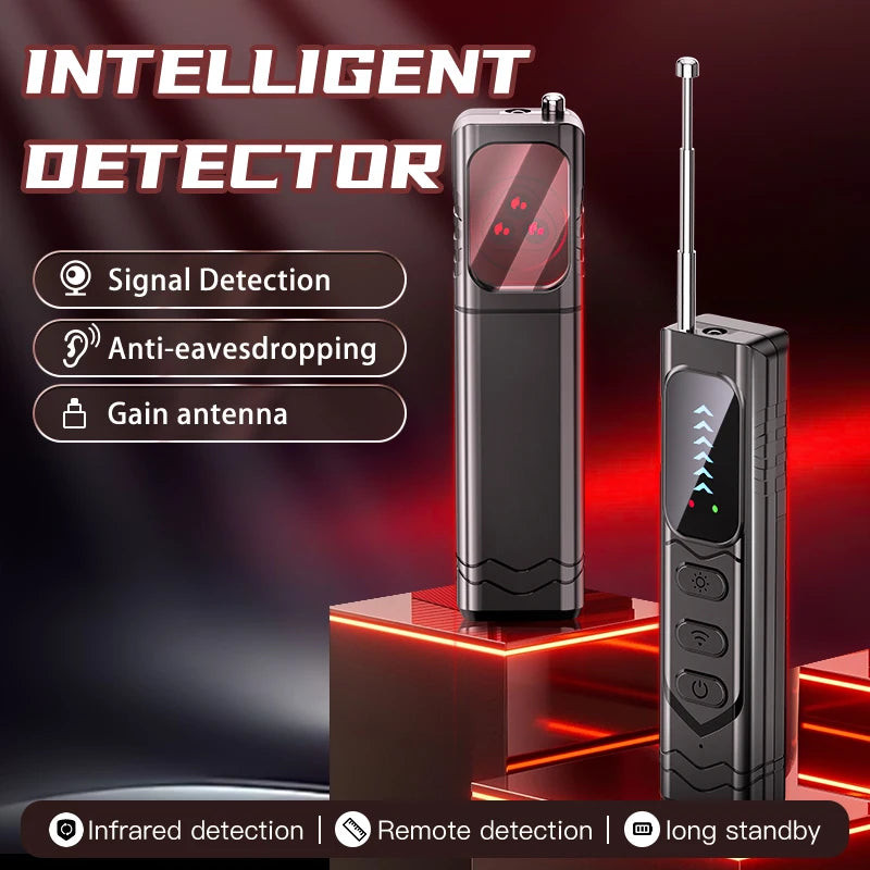Two sleek, black portable privacy detectors with extendable antennas, digital displays, and buttons on a red-lit stand.