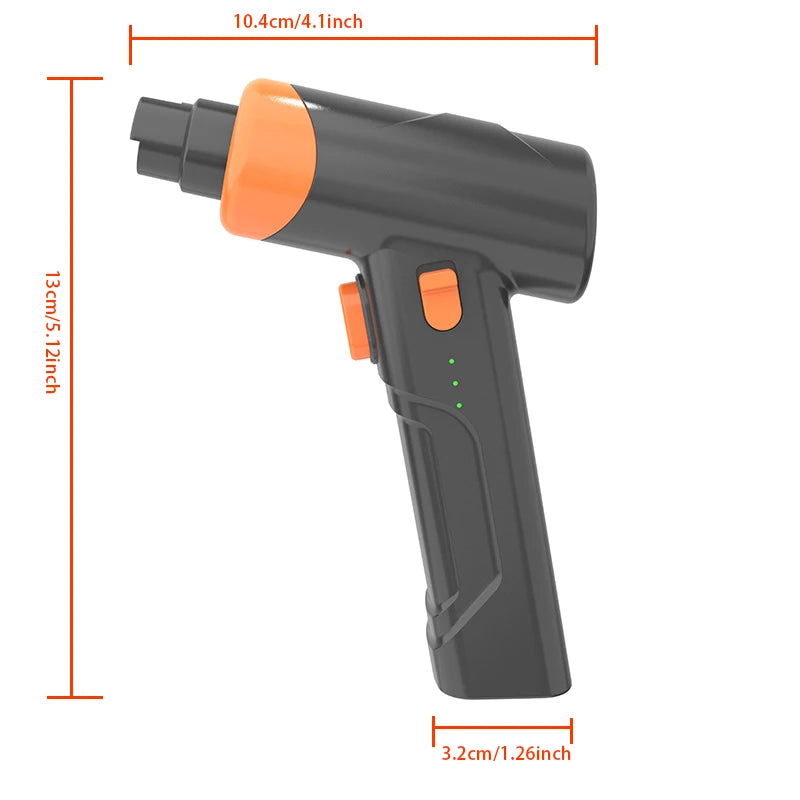 Grey and orange handheld electric pet nail grinder with visible dimensions and speed indicator lights.