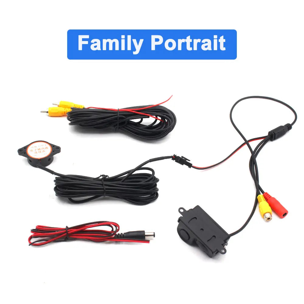 Vehicle backup camera kit featuring a parking sensor, black wiring, and yellow/red RCA connectors.