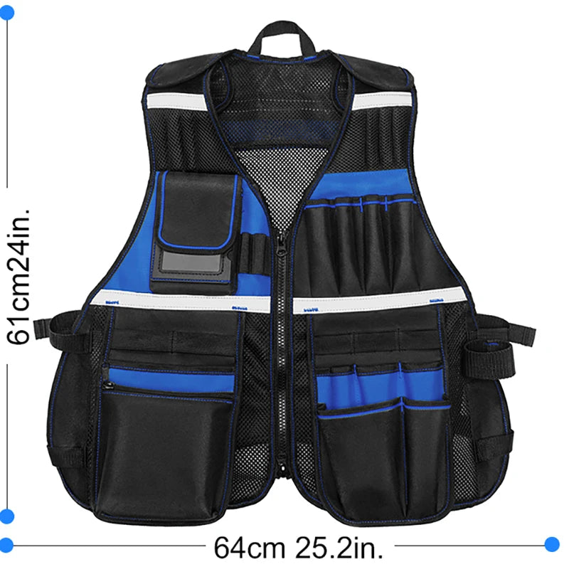 Black and blue heavy-duty tool vest featuring breathable mesh, reflective strips, and multiple storage pockets.