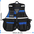Black and blue heavy-duty tool vest featuring breathable mesh, reflective strips, and multiple storage pockets.
