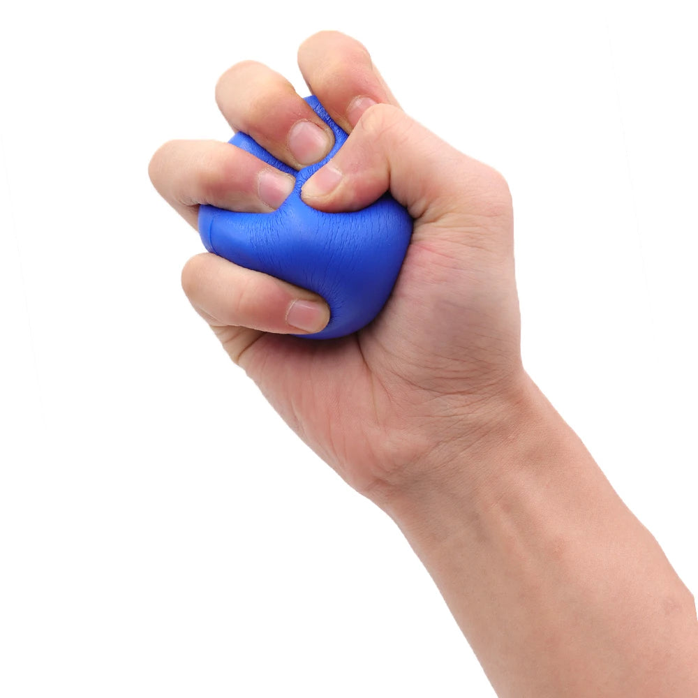 A hand squeezing a round, bright blue stress ball against a white background.