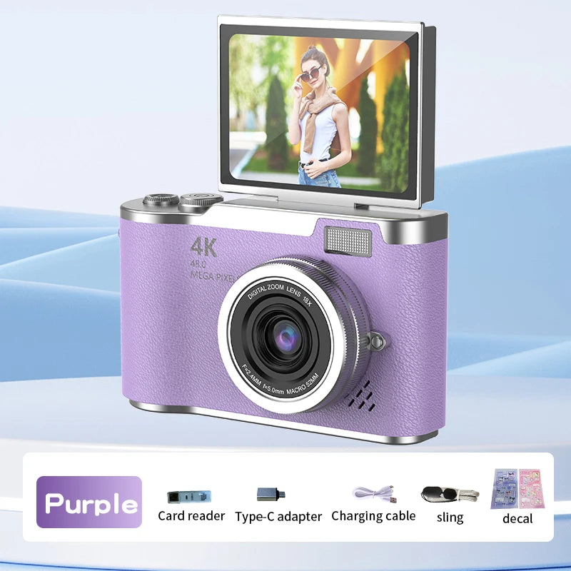 Purple 4K digital camera with textured faux leather finish and a flip-out LCD screen, including accessories.
