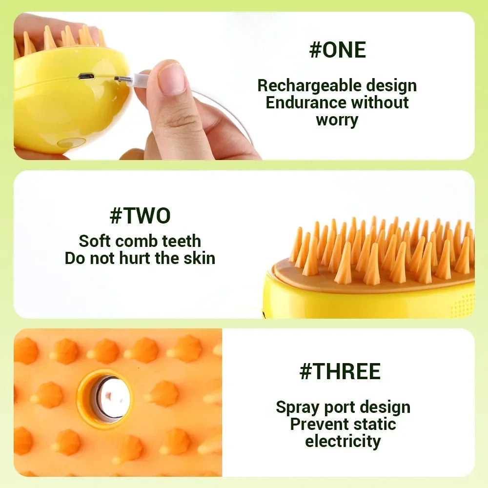 Yellow, rechargeable 3-in-1 pet grooming brush with soft silicone bristles and a built-in steam spray port.