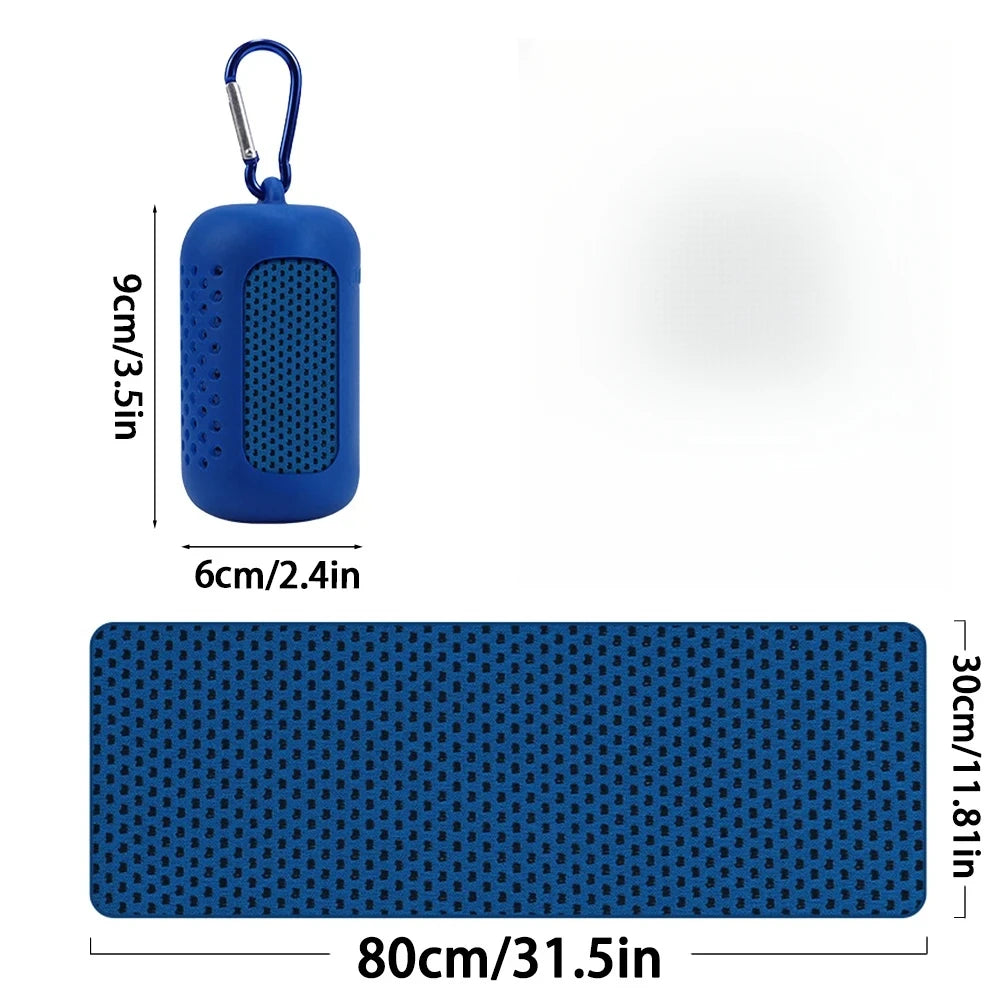 Blue cooling sports towel with a mesh carry case and carabiner, featuring dimensions in centimetres and inches.