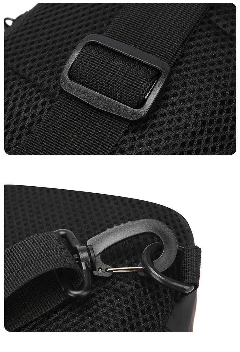 Close-up of a black mesh sling bag strap, featuring an adjustable buckle and a sturdy, detachable plastic clip.