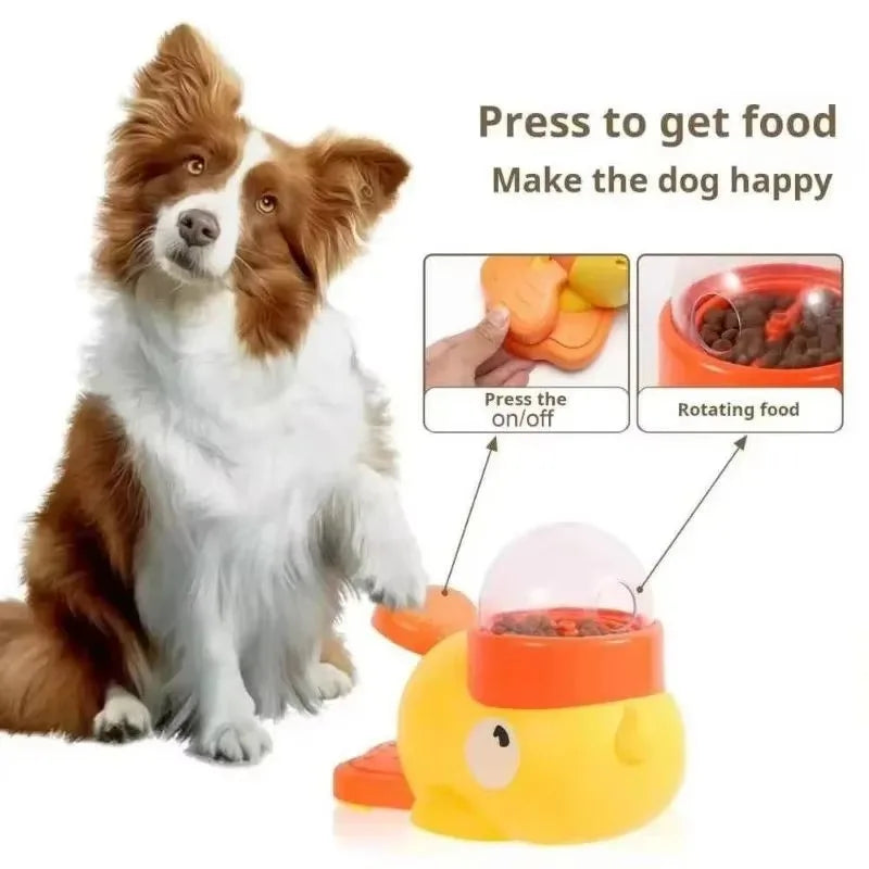 Orange and yellow interactive treat-dispensing toy for dogs, featuring a pressure pad and rotating food chamber.
