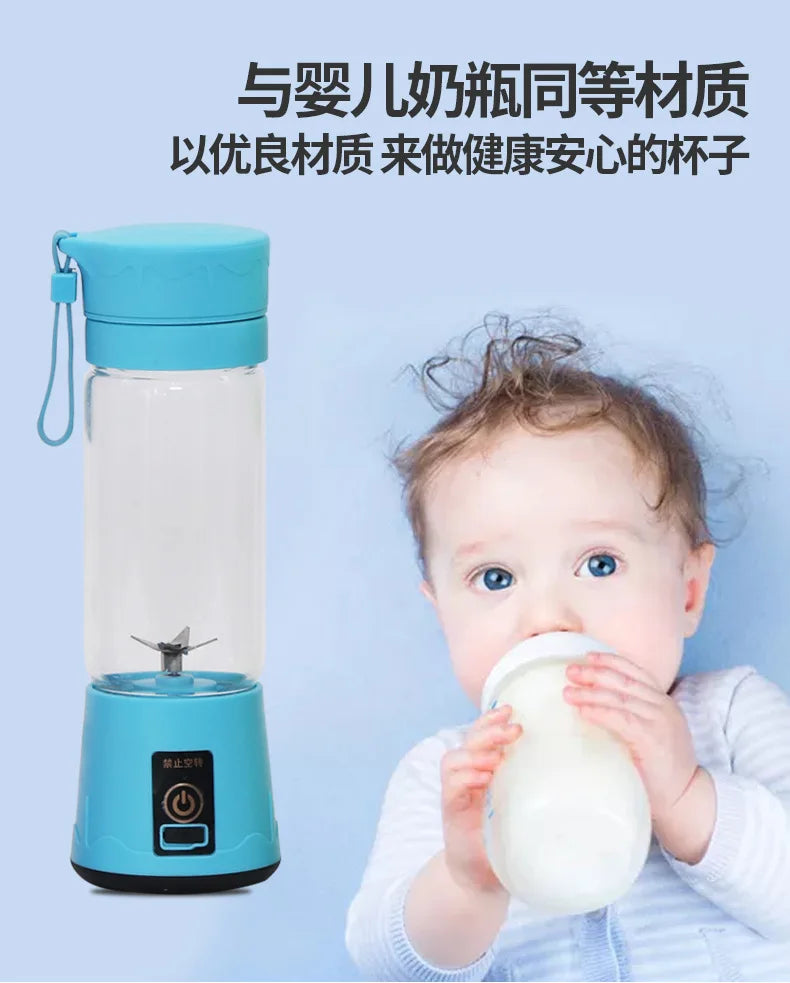 Portable blue blender with a clear cup and carry strap, positioned next to an image of a baby holding a milk bottle.
