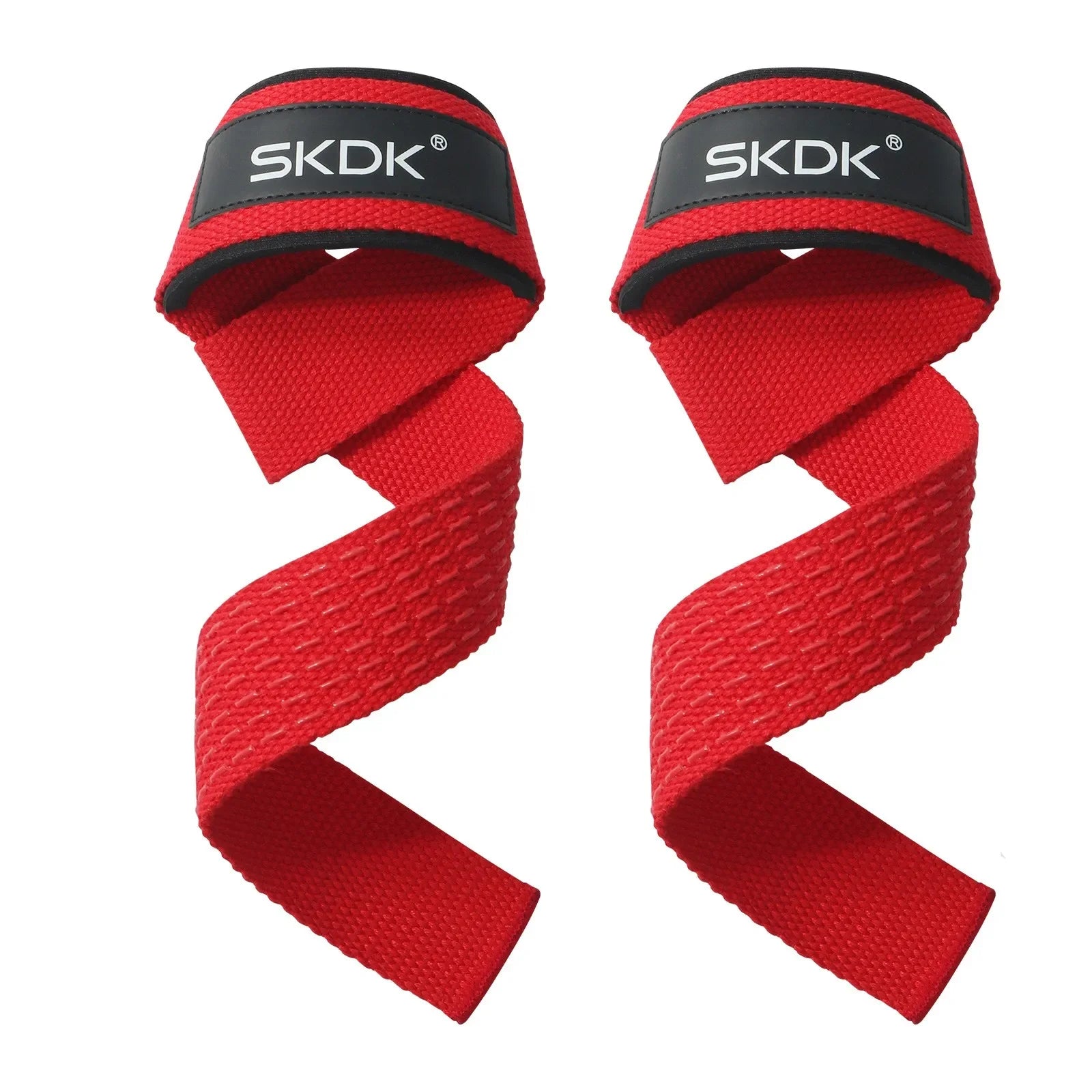Pair of red SKDK weightlifting wrist straps with black padded cuffs and textured grip detailing.