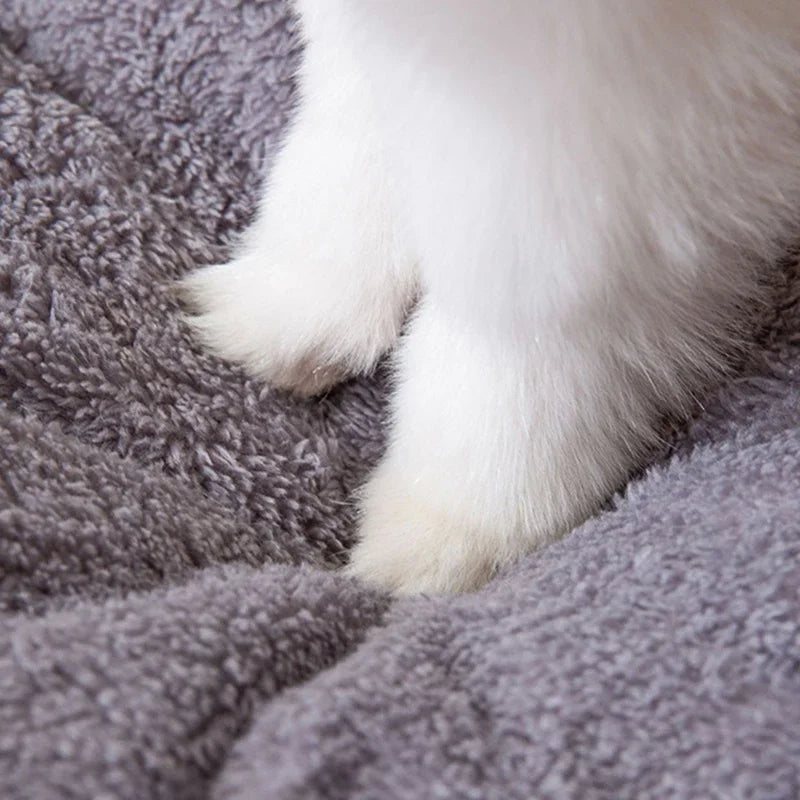 Grey plush pet bed mat showing soft textured fabric with small white dog paws standing on it.