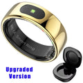 Polished gold smart fitness tracking ring with an integrated sensor, shown next to its black charging case.